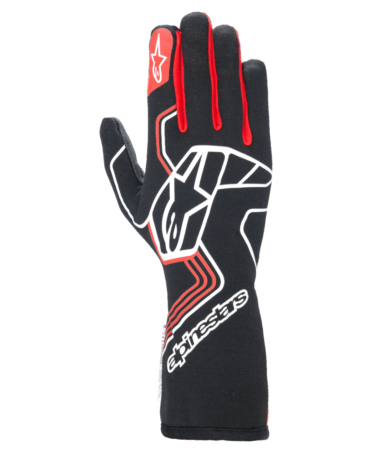 Luvas Alpinestars Tech-1 Race V4, luvas de automobilismo, pretas com detalhes vermelhos e brancos, com um grande logótipo de estrela branca no dorso, foles dos dedos vermelhos, marca branca no punho longo e padrões de design geométrico