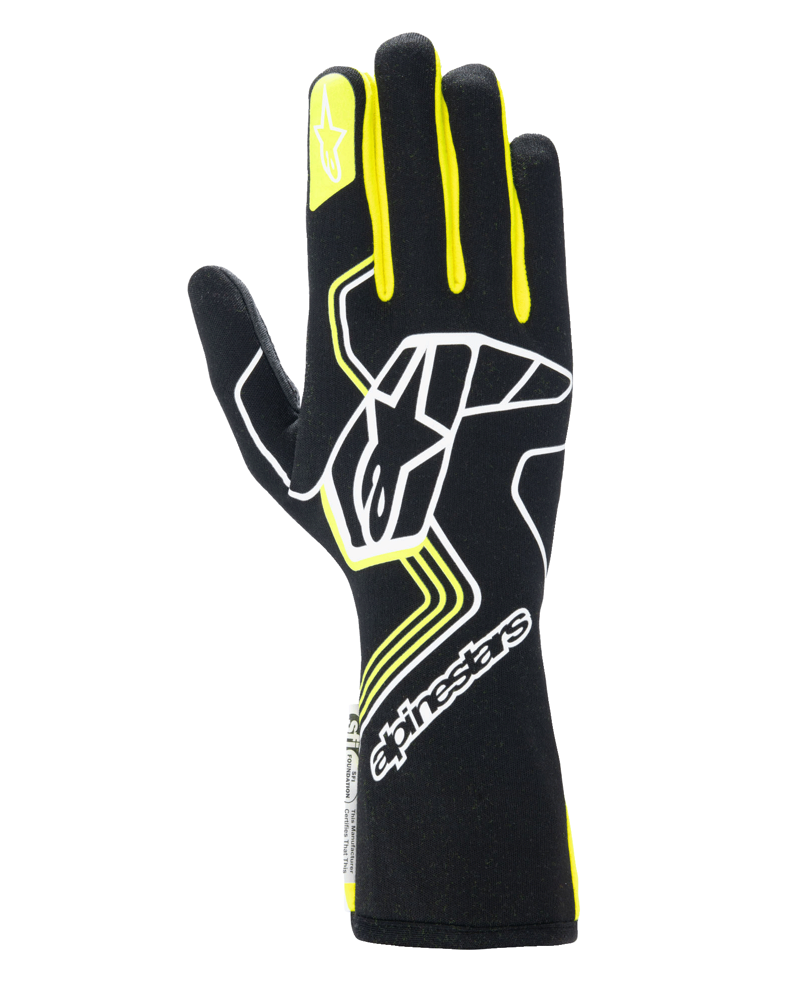Luvas Alpinestars Tech-1 Race V4, luvas de automobilismo, pretas com detalhes em amarelo fluo e branco, logótipo de estrela grande no dorso e estrela pequena no dedo indicador, design elegante com padrões geométricos e punho de manopla estendido