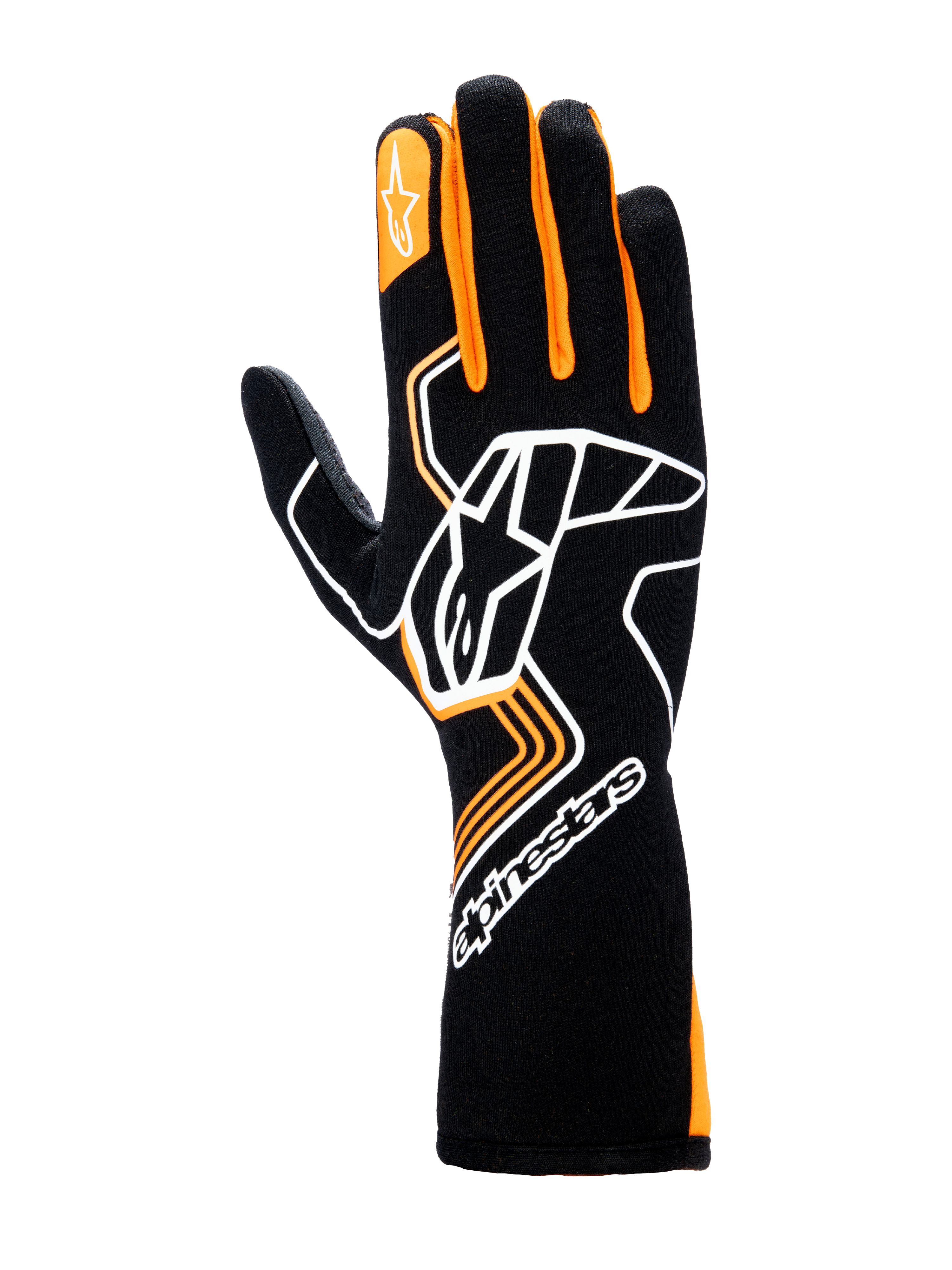 Luvas Alpinestars Tech-1 Race V4, luvas de automobilismo, pretas e laranja fluo, com um grande logótipo Astar branco nas costas da mão, detalhes em laranja nos dedos e design de punho comprido para proteção profissional em desportos motorizados