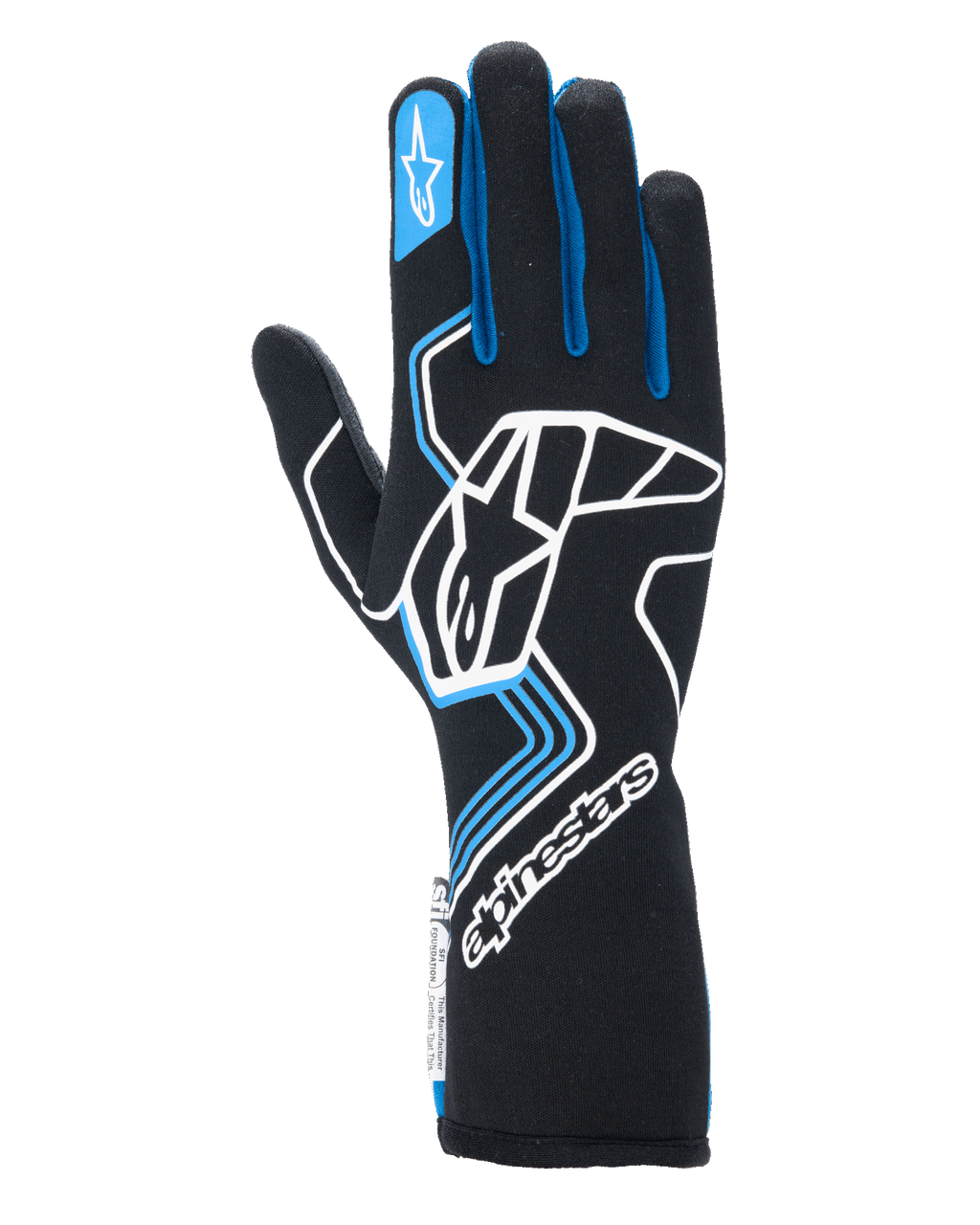 Alpinestars Tech-1 Race V4 Gloves, Auto Racing Gloves, Black with Blue and White accents, featuring a large white logo on the backhand, blue finger piping, and extended gauntlet cuff, professional flame-resistant design for motorsport