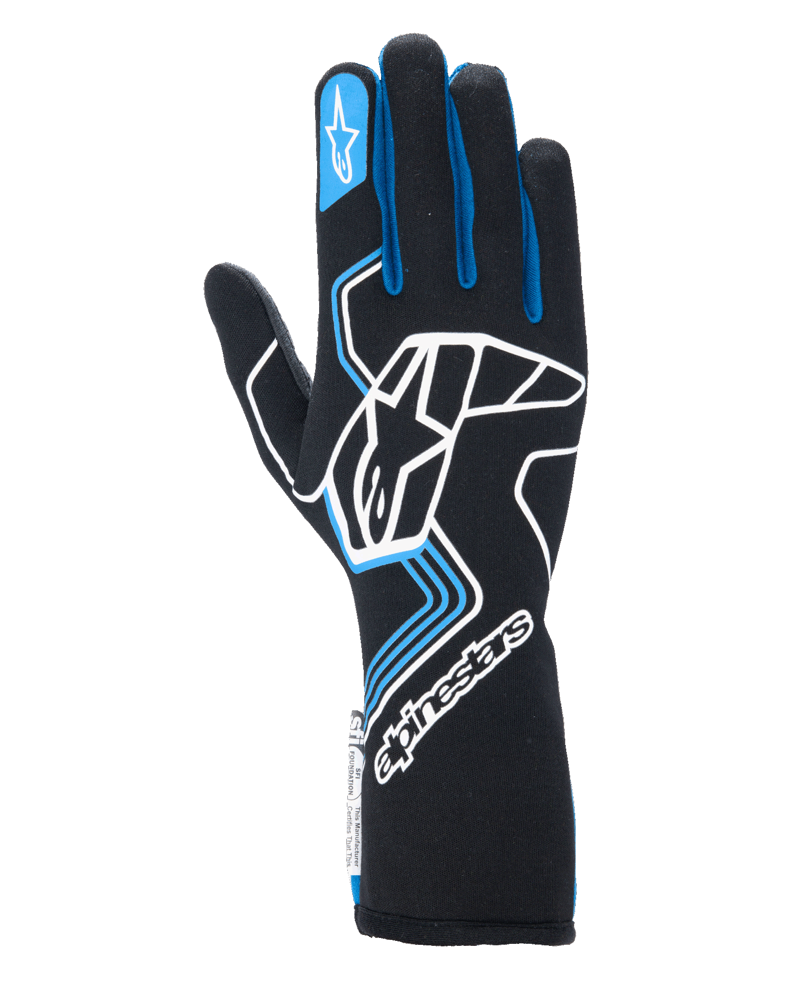 Luvas Alpinestars Tech-1 Race V4, luvas de automobilismo, pretas com detalhes em azul e branco, com um logótipo branco grande no dorso, contornos dos dedos em azul e punho de manopla estendido, design profissional resistente a chamas para desportos motorizados