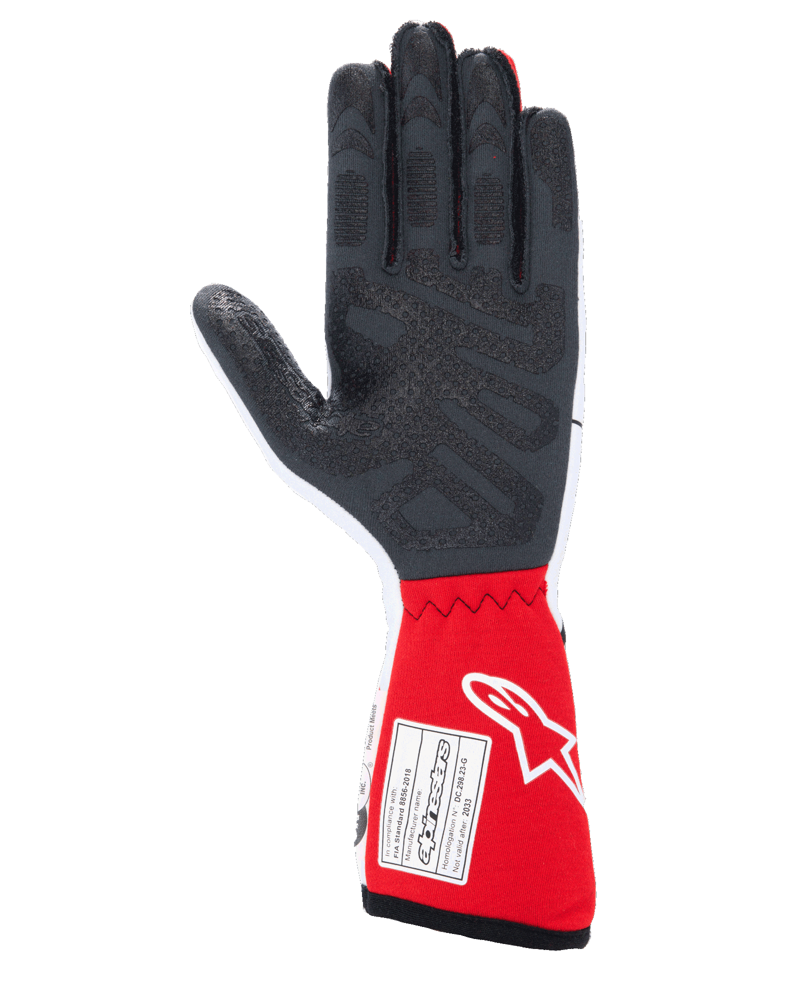 Alpinestars Tech-1 Race V4 Gloves, Auto Racing Gloves, White and Red, palm view featuring textured black silicone grip patterns and an FIA 8856-2018 certification label on the red gauntlet cuff, professional motorsport gear