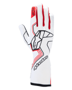 Alpinestars Tech-1 Race V4 Gloves, Auto Racing Gloves, White and Red with Black accents, featuring a bold black Alpinestars logo on the back of the hand, red star emblem on the index finger, professional full gauntlet design