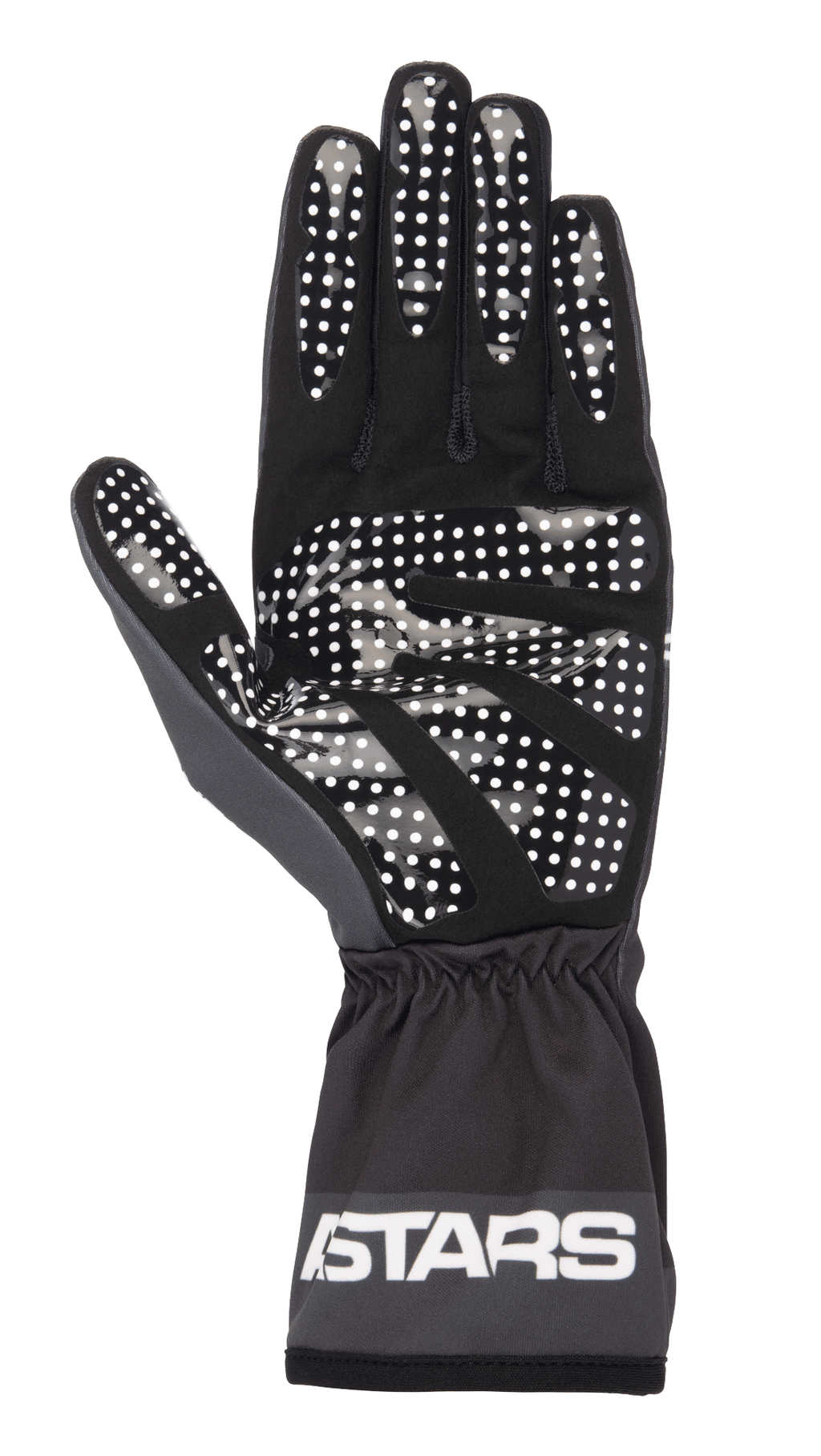 Luvas Alpinestars Tech-1 K Race V2 One Vision, pretas e cinzento Tar Gray, vista da palma com padrão de aderência de pontos de silicone brancos, punho elástico com logótipo ASTARS, equipamento leve para karting