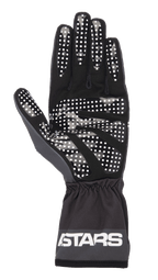 Luvas Alpinestars Tech-1 K Race V2 One Vision, pretas e cinzento Tar Gray, vista da palma com padrão de aderência de pontos de silicone brancos, punho elástico com logótipo ASTARS, equipamento leve para karting
