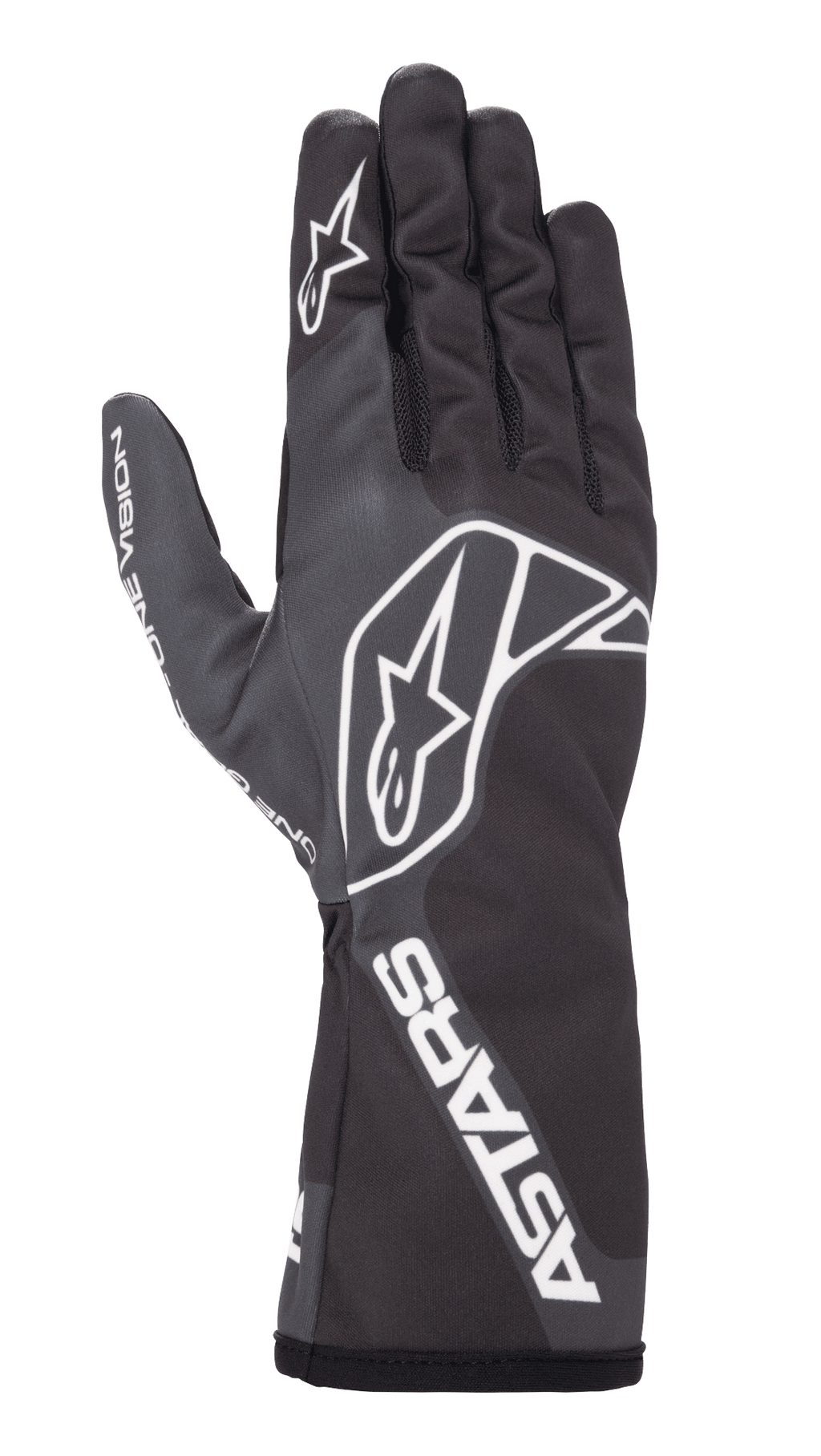Luvas Alpinestars Tech-1 K Race V2 One Vision, luvas de karting, pretas e cinzento escuro, com logótipo de estrela branco nas costas e no dedo, marca ASTARS no punho, design elegante com punho de manopla comprido