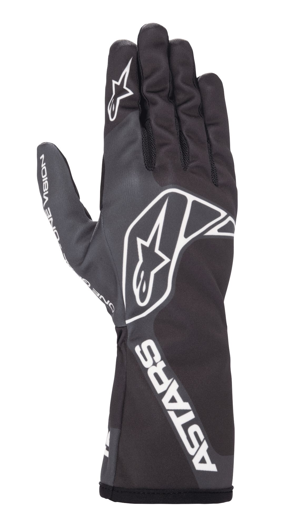 Luvas Alpinestars Tech-1 K Race V2 One Vision, luvas de karting, pretas e cinzento escuro, com logótipo de estrela branco nas costas e no dedo, marca ASTARS no punho, design elegante com punho de manopla comprido
