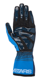 Luvas Alpinestars Tech-1 K Race V2 Future, luvas de karting, azul-marinho e azul-claro, vista da palma com camurça sintética preta e pontos de aderência em silicone azul, punho elástico com riscas horizontais pretas e marca ASTARS branca