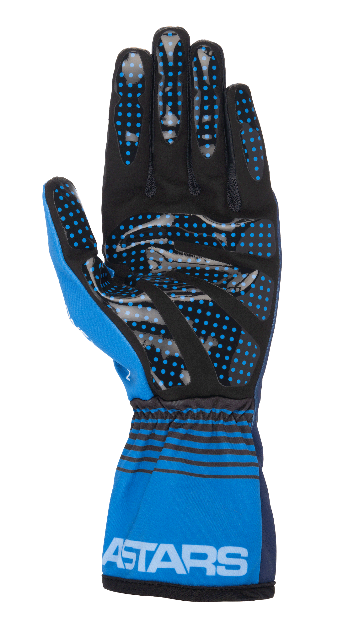 Luvas Alpinestars Tech-1 K Race V2 Future, luvas de karting, azul-marinho e azul-claro, vista da palma com camurça sintética preta e pontos de aderência em silicone azul, punho elástico com riscas horizontais pretas e marca ASTARS branca