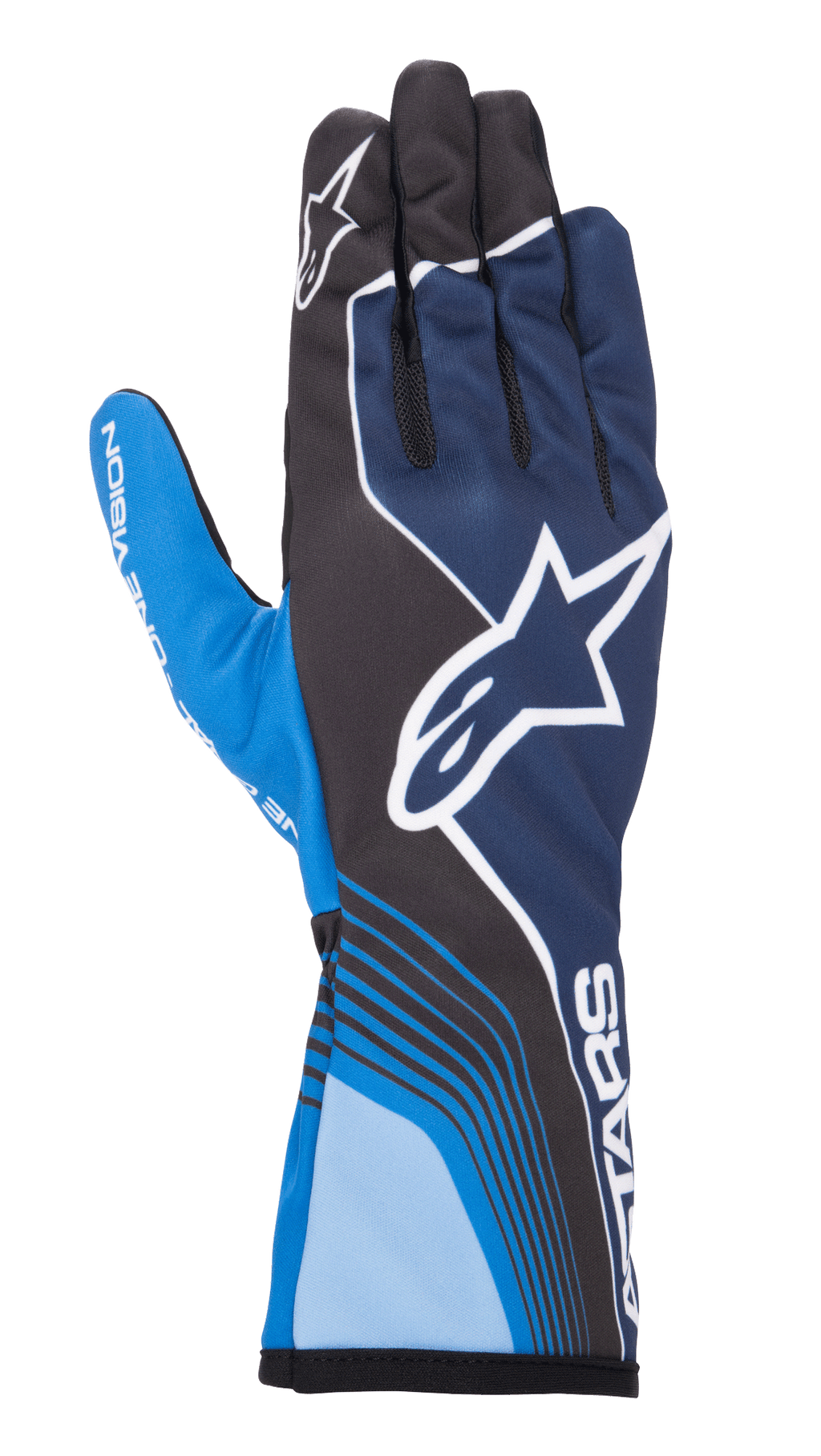 Alpinestars Tech-1 K Race V2 Future, luvas de karting, azul-marinho e azul-claro com detalhes pretos, logótipo de estrela branca grande, linhas curvas dinâmicas, secções dos dedos em malha e design desportivo de motorsport com branding branco