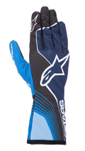 Alpinestars Tech-1 K Race V2 Future, luvas de karting, azul-marinho e azul-claro com detalhes pretos, logótipo de estrela branca grande, linhas curvas dinâmicas, secções dos dedos em malha e design desportivo de motorsport com branding branco