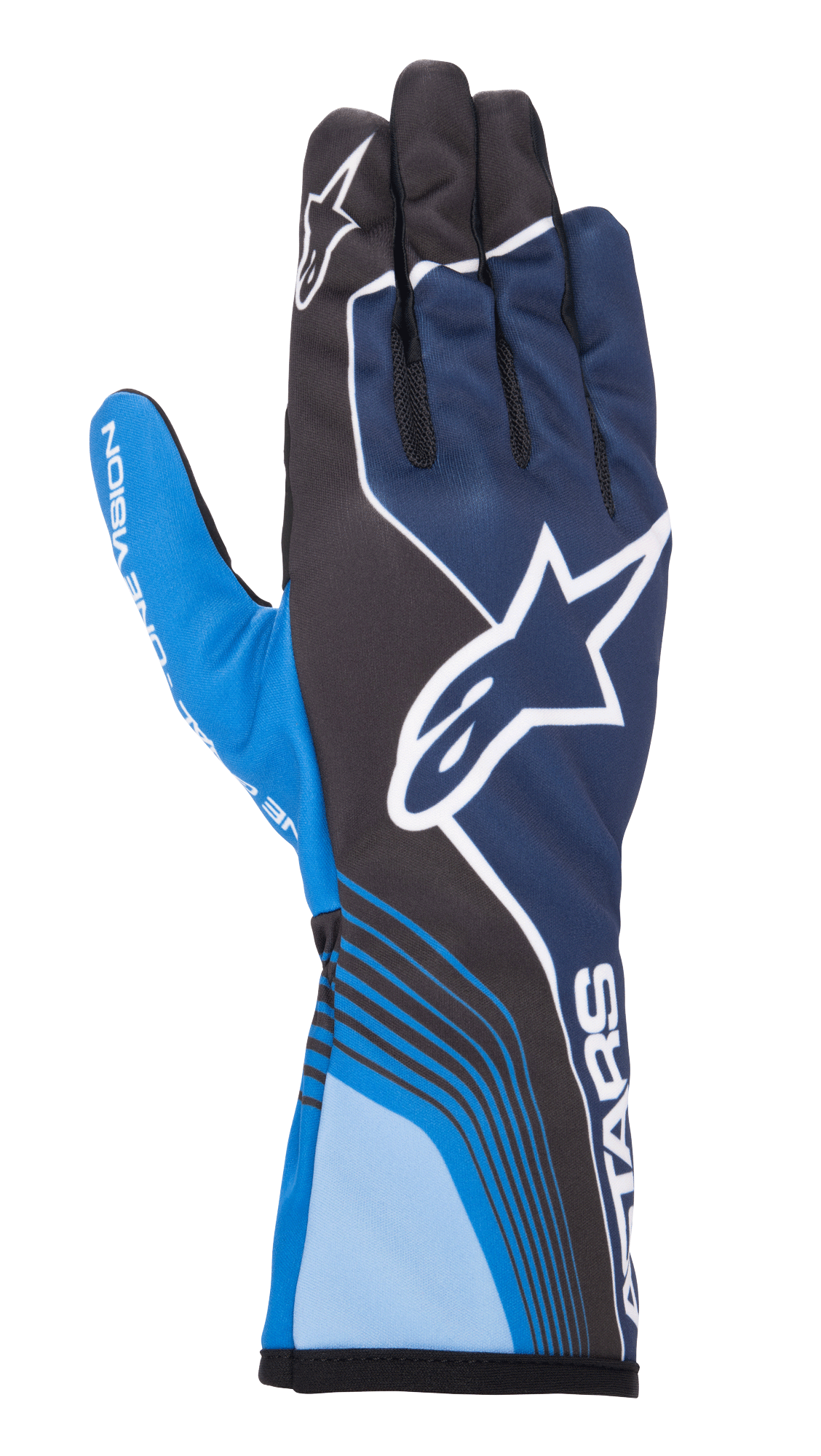 Alpinestars Tech-1 K Race V2 Future, luvas de karting, azul-marinho e azul-claro com detalhes pretos, logótipo de estrela branca grande, linhas curvas dinâmicas, secções dos dedos em malha e design desportivo de motorsport com branding branco