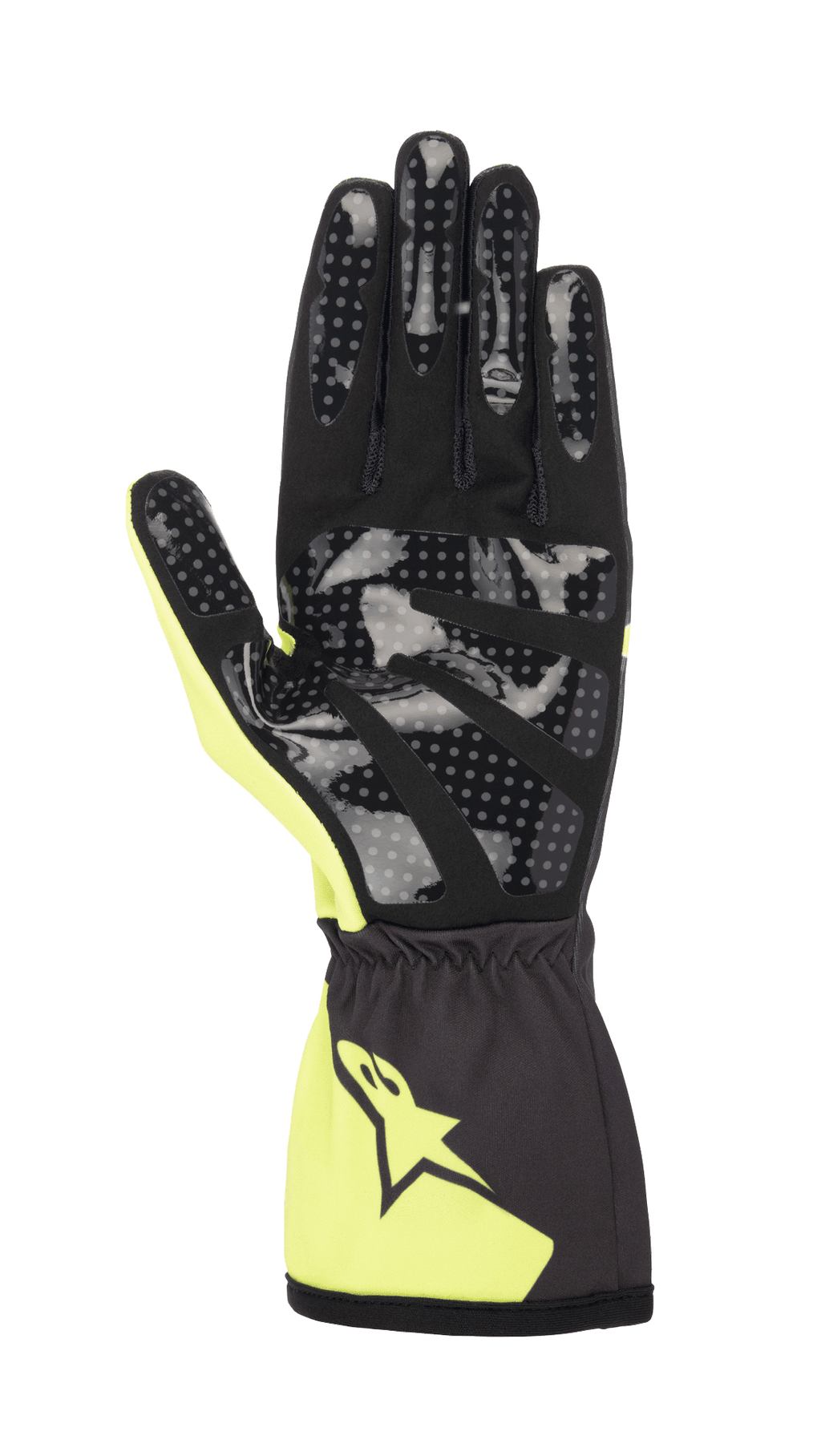 Luvas Alpinestars Tech-1 K Race S V2 Corporate Jovem, luvas de karting, antracite e lima, vista da palma mostrando impressão de aderência em silicone pontilhado, palma em camurça sintética e punho elástico com logótipo Alpinestars