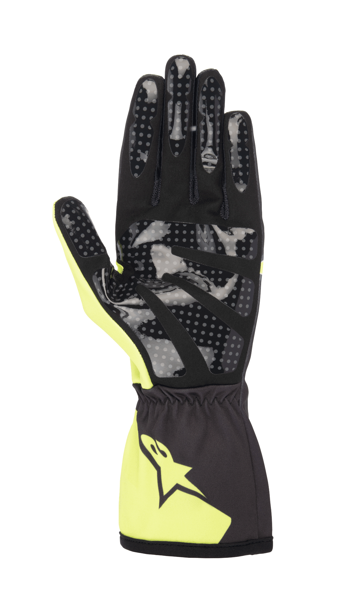 Luvas Alpinestars Tech-1 K Race S V2 Corporate Jovem, luvas de karting, antracite e lima, vista da palma mostrando impressão de aderência em silicone pontilhado, palma em camurça sintética e punho elástico com logótipo Alpinestars