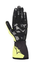 Luvas Alpinestars Tech-1 K Race S V2 Corporate Jovem, luvas de karting, antracite e lima, vista da palma mostrando impressão de aderência em silicone pontilhado, palma em camurça sintética e punho elástico com logótipo Alpinestars
