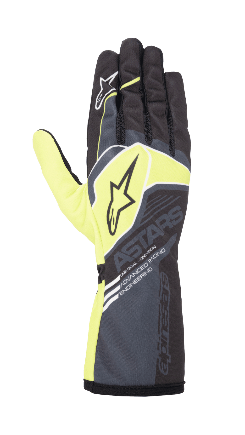 Alpinestars Youth Tech-1 K Race S V2 Corporate Gloves, luvas de karting, antracite e verde lima, com logótipos de estrela e marca 'ASTARS', punho longo com o texto 'Advanced Racing Engineering', design de alta performance para jovens pilotos