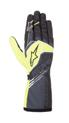 Alpinestars Youth Tech-1 K Race S V2 Corporate Gloves, luvas de karting, antracite e verde lima, com logótipos de estrela e marca 'ASTARS', punho longo com o texto 'Advanced Racing Engineering', design de alta performance para jovens pilotos