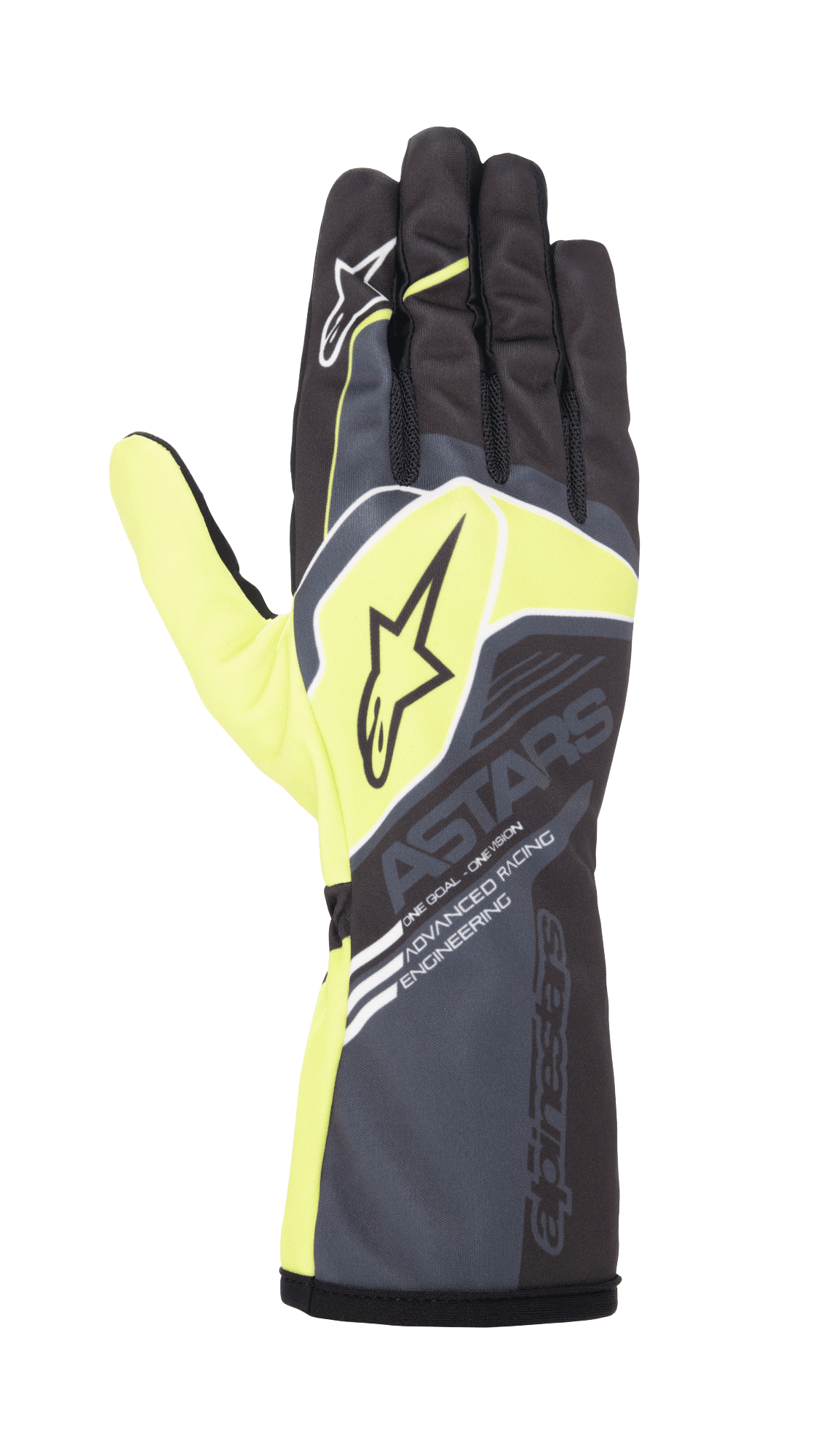 Alpinestars Youth Tech-1 K Race S V2 Corporate Gloves, luvas de karting, antracite e verde lima, com logótipos de estrela e marca 'ASTARS', punho longo com o texto 'Advanced Racing Engineering', design de alta performance para jovens pilotos