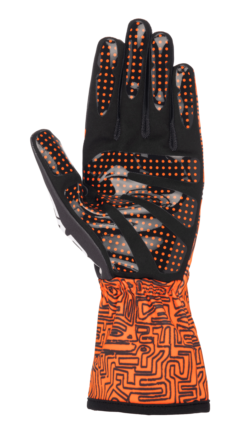 Luvas Alpinestars Tech-1 K Race V2 Vertical, luvas de karting, laranja fluo e preto, vista da palma em camurça sintética preta com aderência de pontos de silicone laranja, punho de manopla com padrão gráfico preto intrincado, concebidas para controlo de precisão em karting