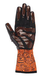 Luvas Alpinestars Tech-1 K Race V2 Vertical, luvas de karting, laranja fluo e preto, vista da palma em camurça sintética preta com aderência de pontos de silicone laranja, punho de manopla com padrão gráfico preto intrincado, concebidas para controlo de precisão em karting