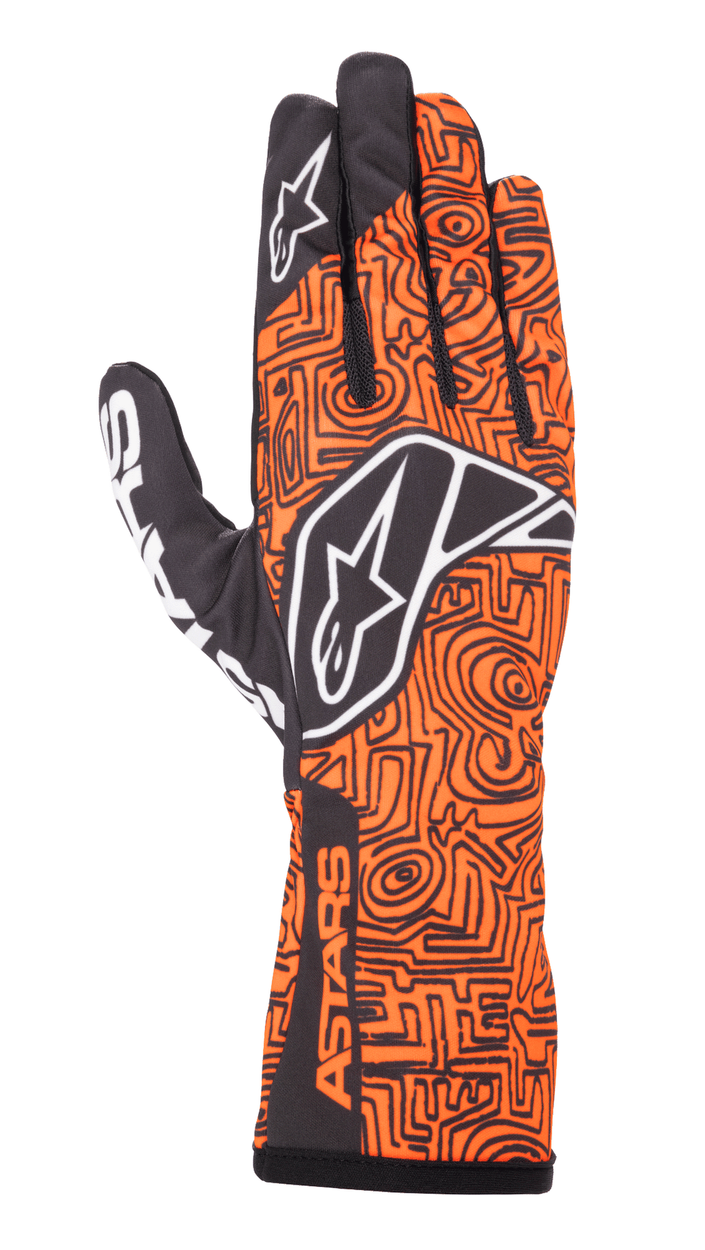 Luvas Alpinestars Tech-1 K Race V2 Vertical, luvas de karting, laranja fluorescente e preto, padrão geométrico intrincado estilo labirinto, logótipo Alpinestars branco no dorso e dedo indicador, marca ASTARS na lateral do punho, design em malha leve e respirável