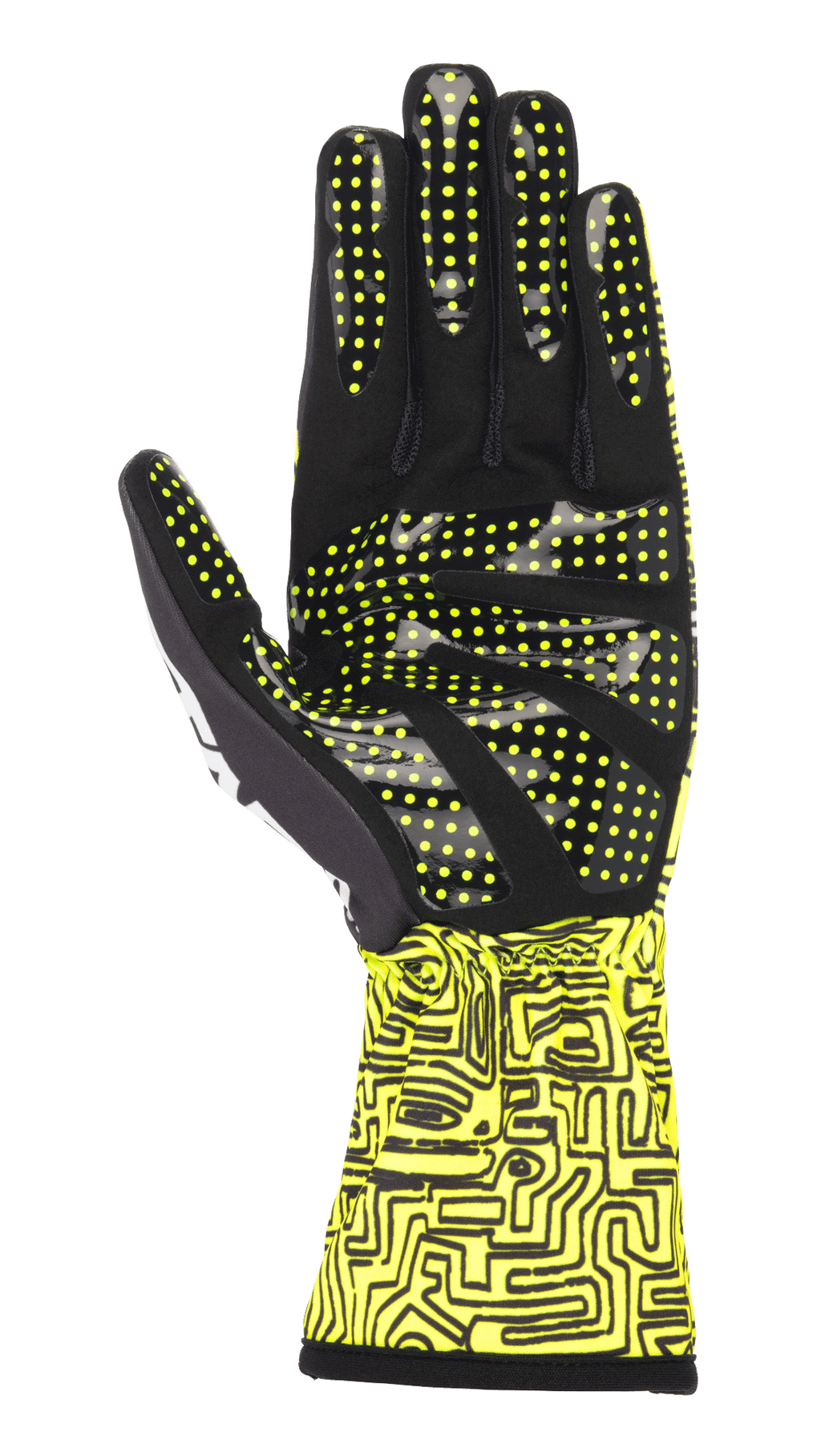 Luvas Alpinestars Tech-1 K Race V2 Vertical, Amarelo Fluo e Preto, vista da palma destacando o padrão de aderência em silicone com pontos amarelos, impressão digital abstrata no punho, design de luva especializado para karting