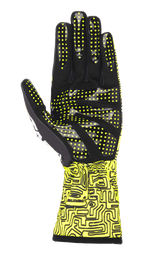 Luvas Alpinestars Tech-1 K Race V2 Vertical, Amarelo Fluo e Preto, vista da palma destacando o padrão de aderência em silicone com pontos amarelos, impressão digital abstrata no punho, design de luva especializado para karting