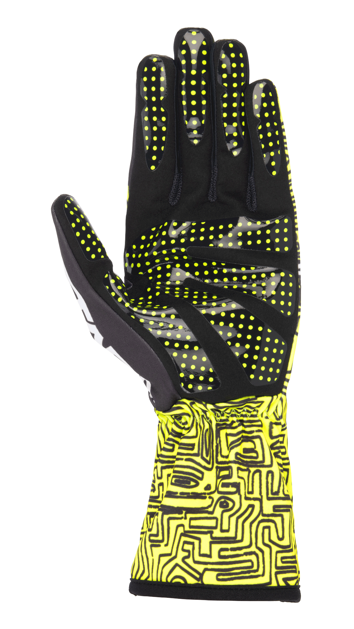 Luvas Alpinestars Tech-1 K Race V2 Vertical, Amarelo Fluo e Preto, vista da palma destacando o padrão de aderência em silicone com pontos amarelos, impressão digital abstrata no punho, design de luva especializado para karting