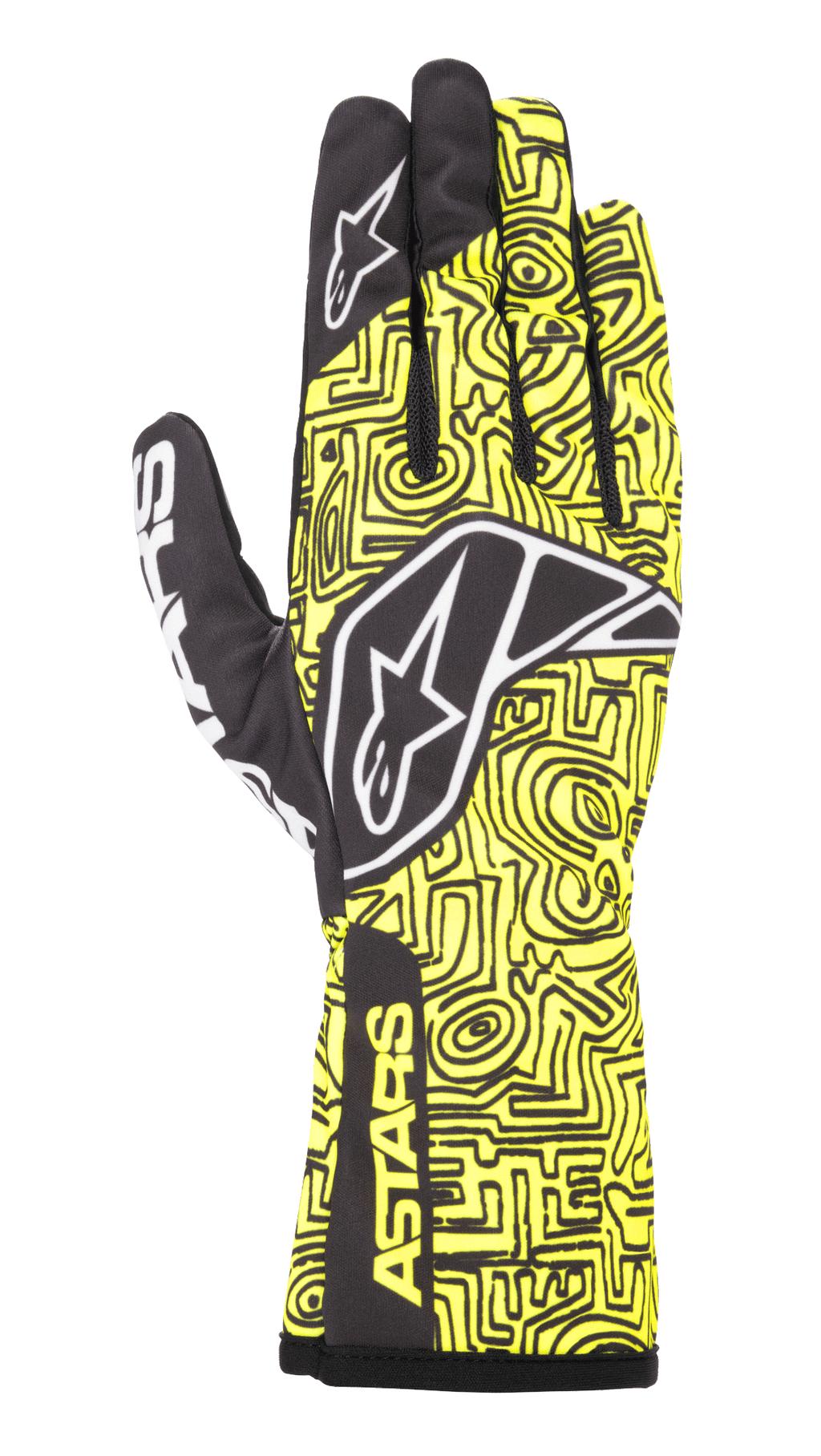 Alpinestars Tech-1 K Race V2 Vertical Gloves, luvas de karting, amarelo fluorescente e preto, com logótipo de estrela branco, padrão intrincado de linhas abstratas e branding ASTARS no punho, design leve para performance em desportos motorizados
