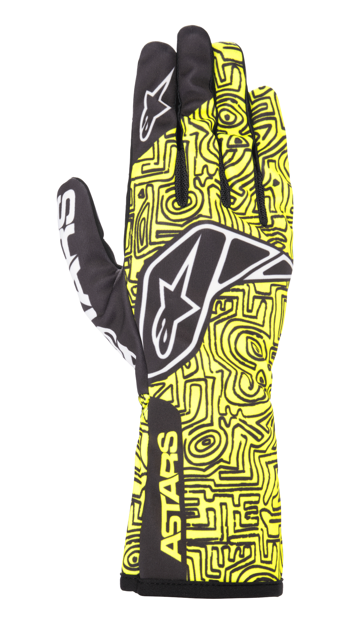 Alpinestars Tech-1 K Race V2 Vertical Gloves, luvas de karting, amarelo fluorescente e preto, com logótipo de estrela branco, padrão intrincado de linhas abstratas e branding ASTARS no punho, design leve para performance em desportos motorizados