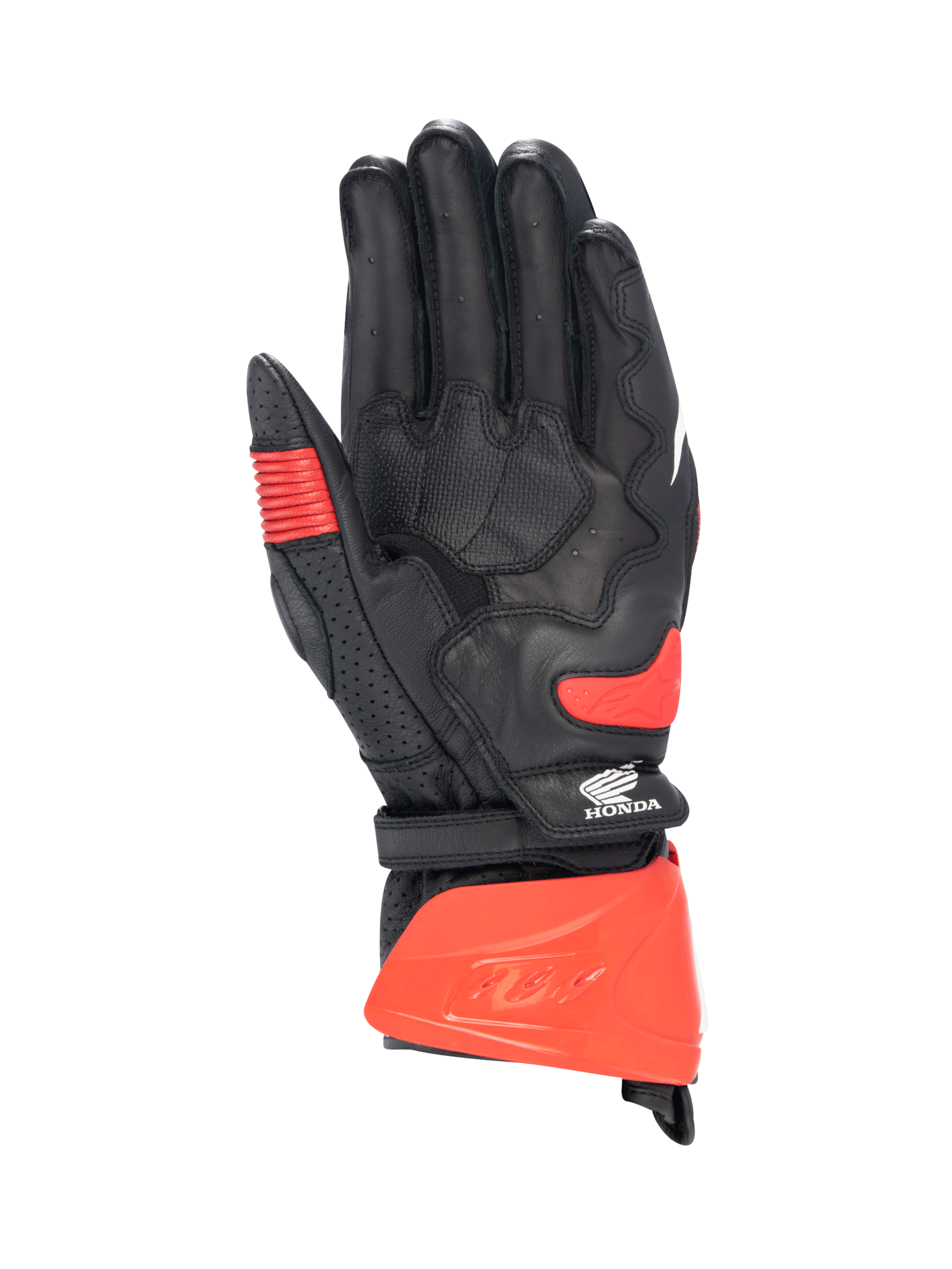Alpinestars Honda GP Pro R3, luvas de moto para corrida, vista da palma em couro de canguru, pretas e vermelhas, certificadas CE
