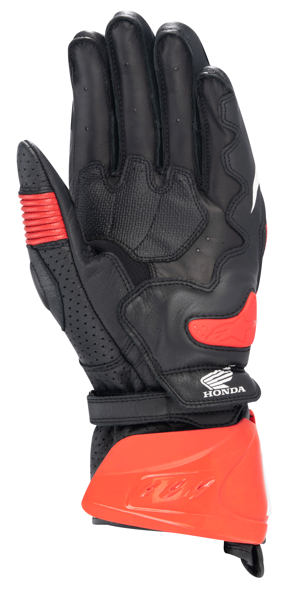 Luvas Alpinestars Honda GP Pro R3, luvas de corrida de cano longo, pretas e vermelho brilhante, vista da palma com protetor de punho rígido vermelho, slider de palma e logótipo da Honda, equipamento profissional de motociclismo