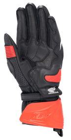 Luvas Alpinestars Honda GP Pro R3, luvas de corrida de cano longo, pretas e vermelho brilhante, vista da palma com protetor de punho rígido vermelho, slider de palma e logótipo da Honda, equipamento profissional de motociclismo