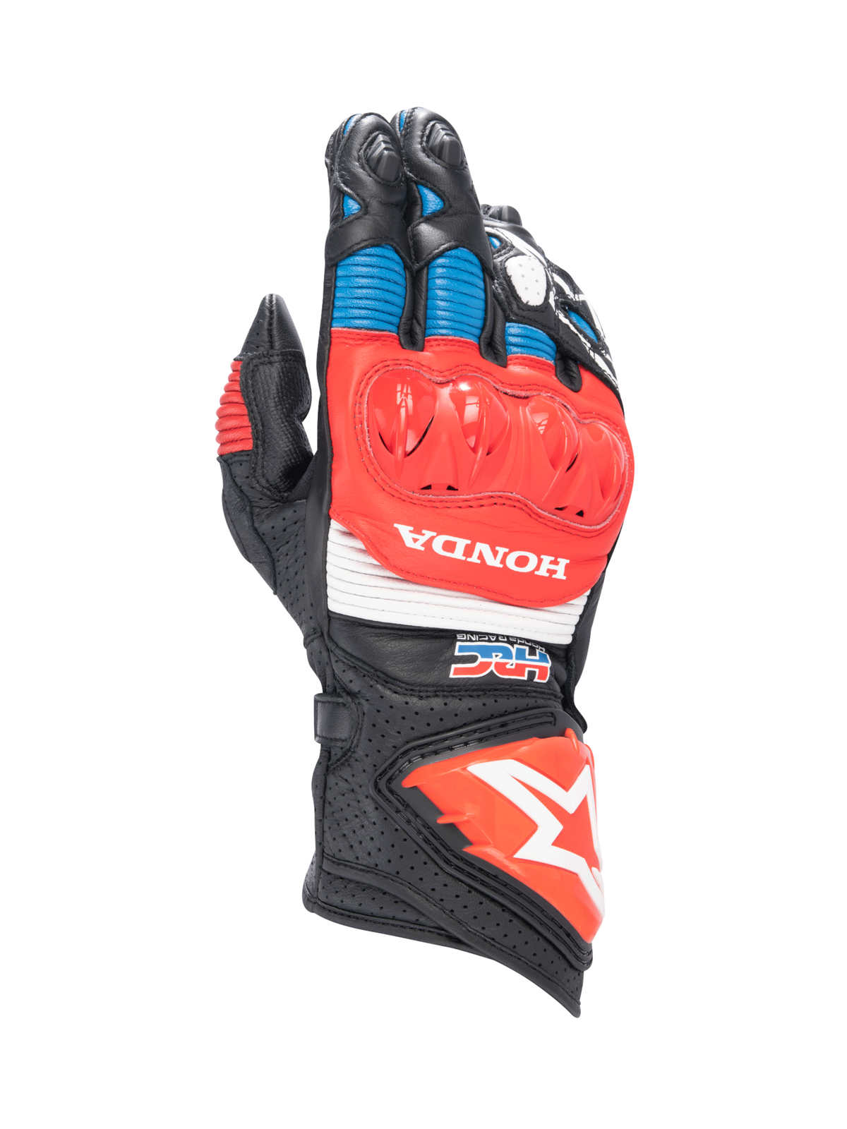Alpinestars Honda GP Pro R3, luvas de moto de punho longo, pretas, vermelhas e azuis, couro com proteção DFS e logótipo Honda.