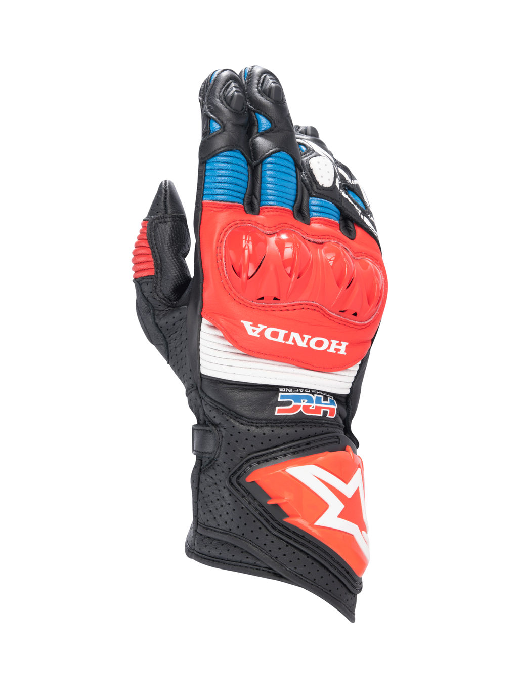 Alpinestars Honda GP Pro R3, luvas de moto de punho longo, pretas, vermelhas e azuis, couro com proteção DFS e logótipo Honda.