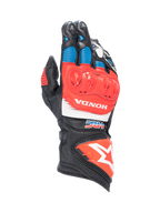 Alpinestars Honda GP Pro R3, luvas de moto de punho longo, pretas, vermelhas e azuis, couro com proteção DFS e logótipo Honda.