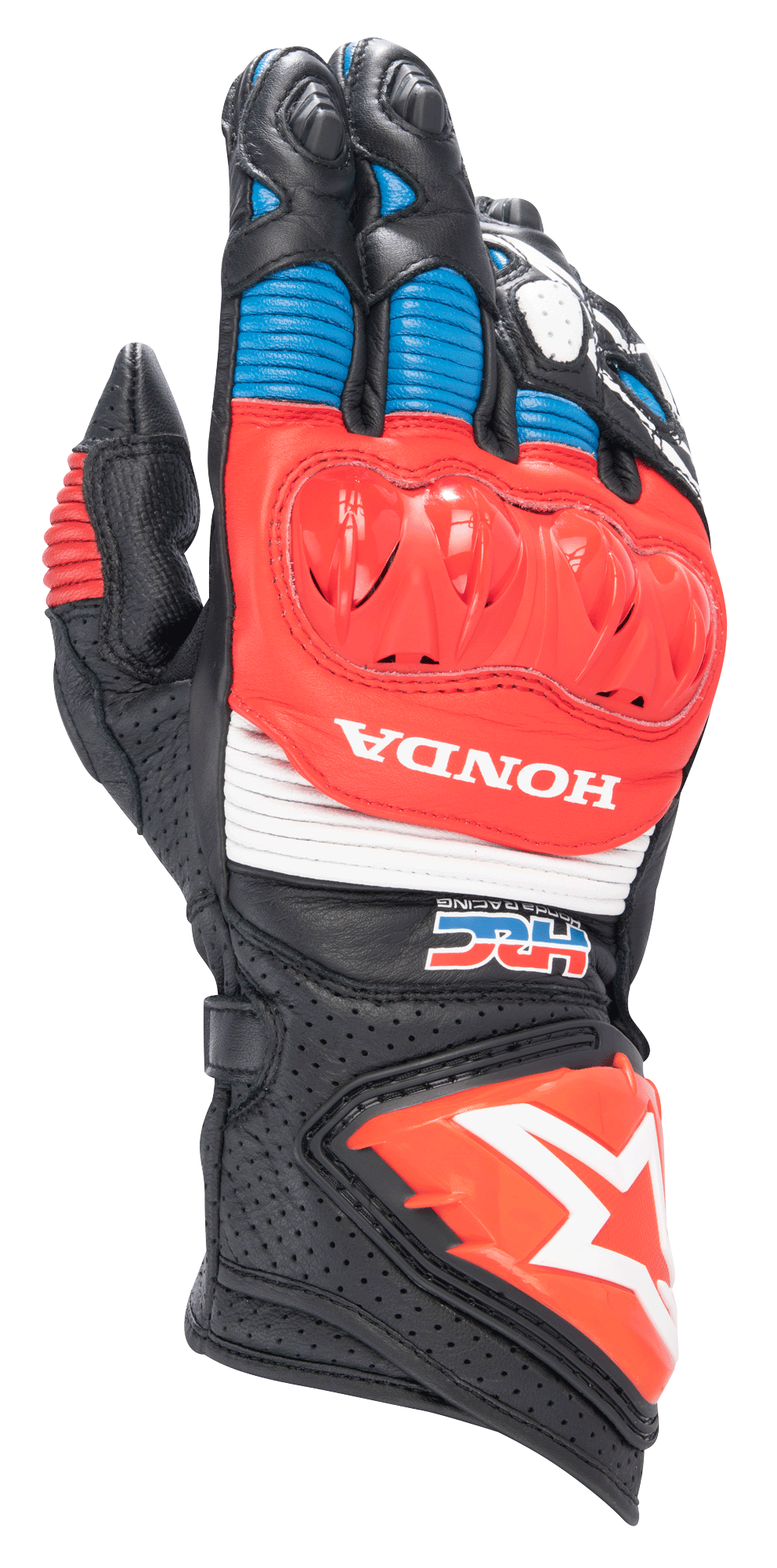 Luvas Alpinestars Honda GP Pro R3, luvas de motociclismo de cano longo para corrida, pretas com detalhes em vermelho vivo e azul, com proteção de nós dos dedos rígida DFS em vermelho, logótipos HONDA e HRC em branco, couro perfurado com painéis em acordeão e logótipo da estrela Alpinestars no punho