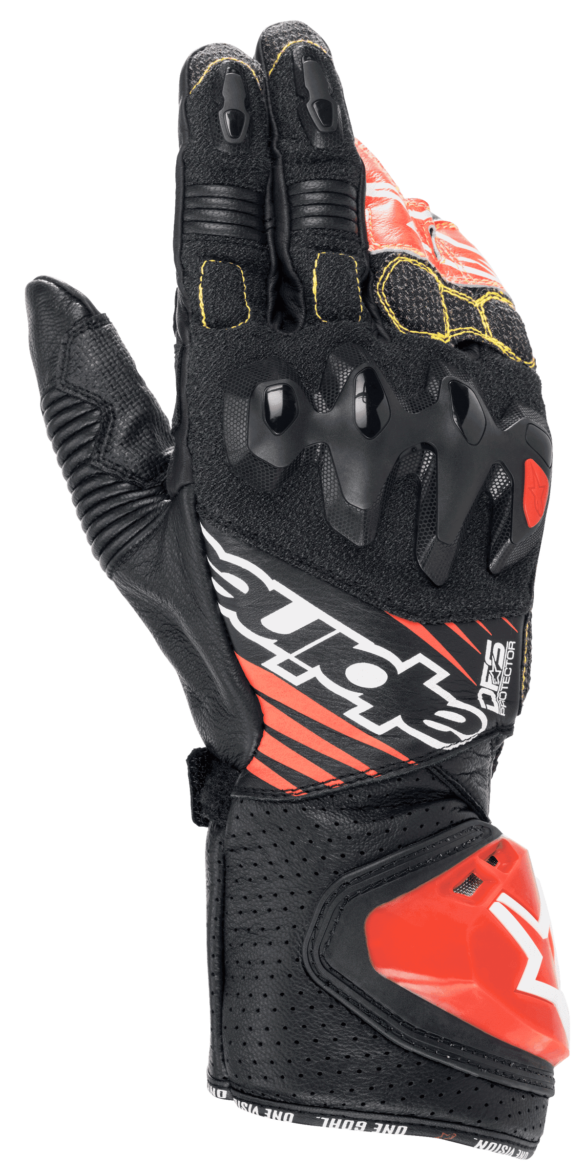 Luvas Alpinestars GP Tech V2, luvas de corrida para motociclismo, pretas, brancas e vermelho fluo, com protetor de articulações de dupla densidade, couro perfurado com costuras amarelas, slider de impacto DFS no punho em vermelho, design de corrida profissional