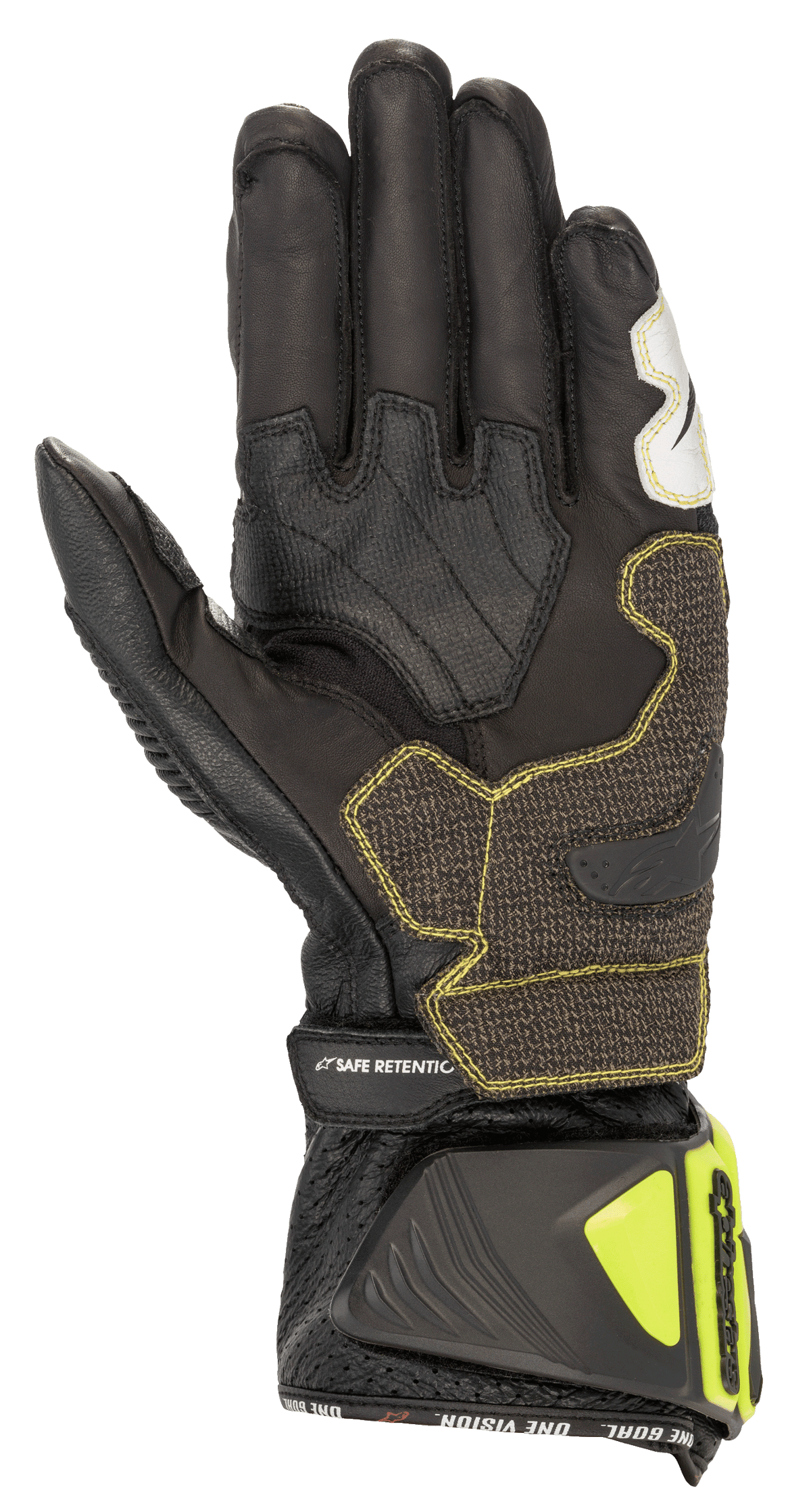 Luvas Alpinestars GP Tech V2, Preto e Amarelo Fluo, vista da palma mostrando a construção em couro de canguru, painéis de aderência reforçados com costuras amarelas, punho ergonómico com protetores em amarelo fluo e tira 'SAFE RETENTION', equipamento profissional de motociclismo de corrida