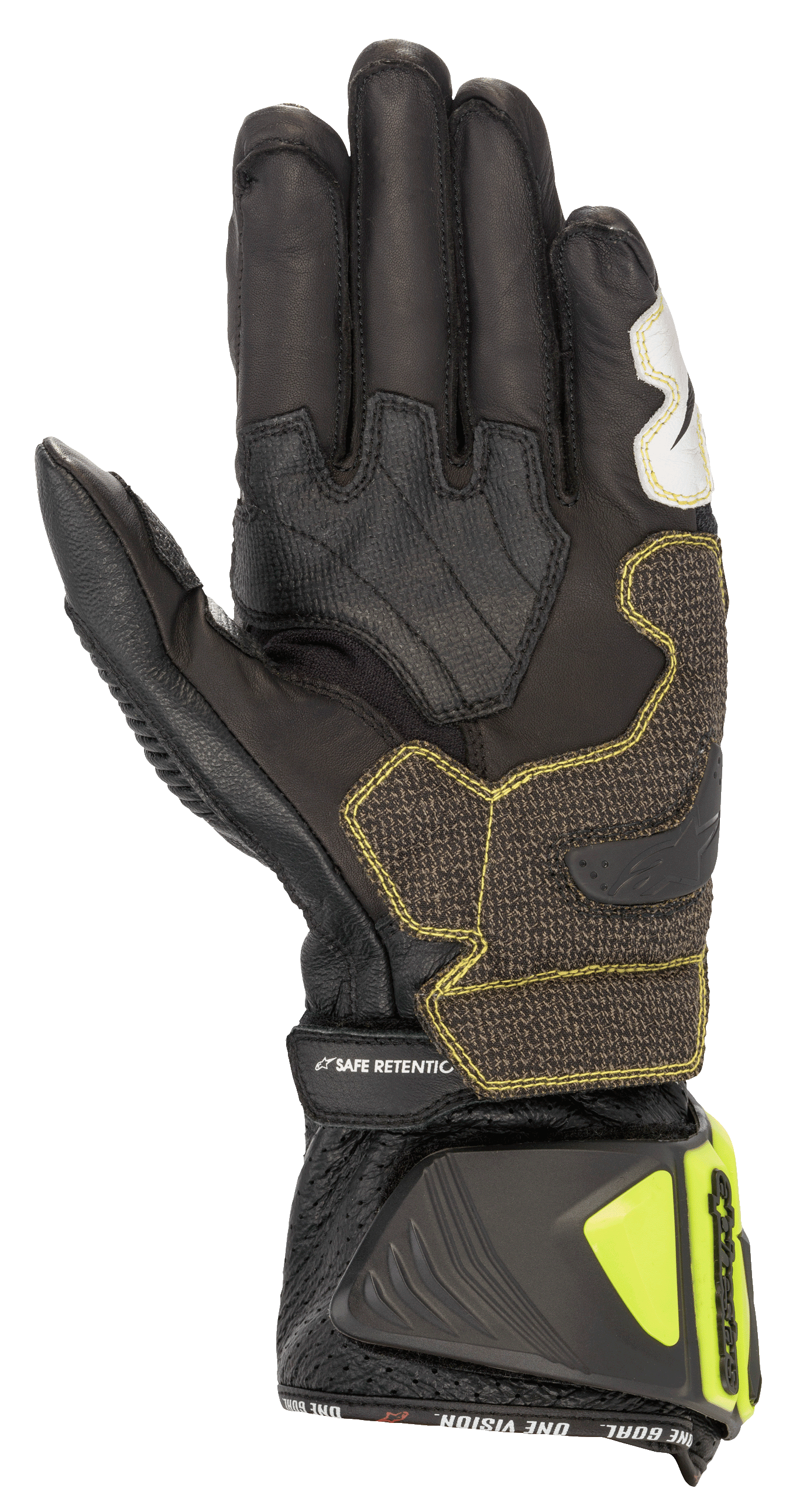 Luvas Alpinestars GP Tech V2, Preto e Amarelo Fluo, vista da palma mostrando a construção em couro de canguru, painéis de aderência reforçados com costuras amarelas, punho ergonómico com protetores em amarelo fluo e tira 'SAFE RETENTION', equipamento profissional de motociclismo de corrida