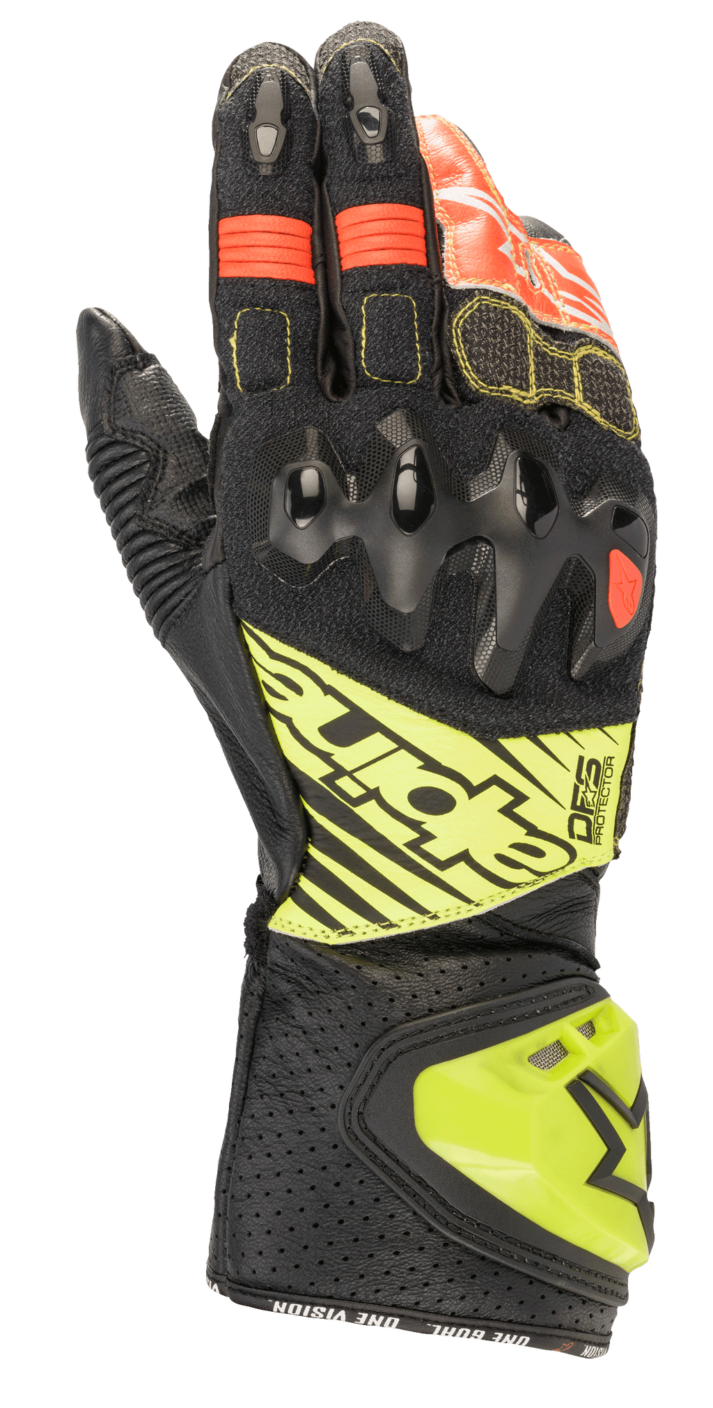 Luvas Alpinestars GP Tech V2, luvas de motociclismo para corrida, pretas com detalhes em amarelo fluorescente e vermelho, com proteção rígida nos nós dos dedos, punho em pele perfurada com marca DFS e painéis elásticos em acordeão para flexibilidade ideal.