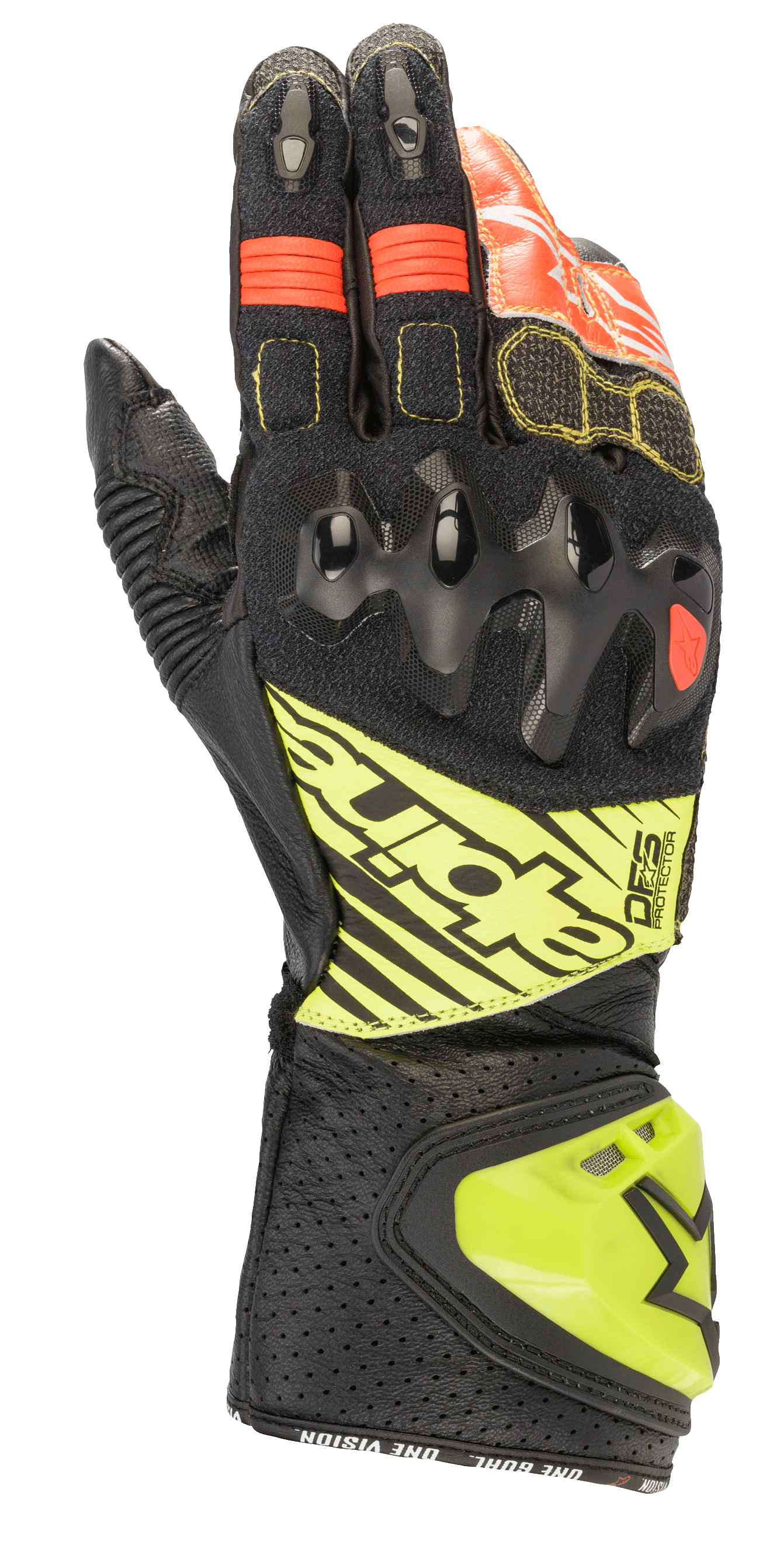 Luvas Alpinestars GP Tech V2, luvas de motociclismo para corrida, pretas com detalhes em amarelo fluorescente e vermelho, com proteção rígida nos nós dos dedos, punho em pele perfurada com marca DFS e painéis elásticos em acordeão para flexibilidade ideal.