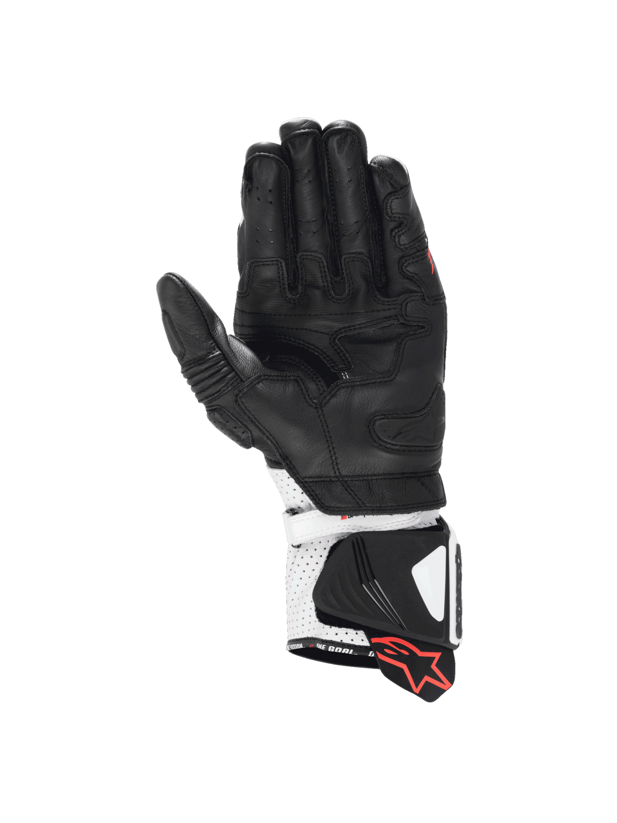 Alpinestars GP Pro R4, luvas de moto para corrida, pretas e brancas, palma em pele de canguru e punho com proteção DFS, construção em couro premium.