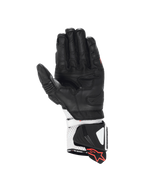 Alpinestars GP Pro R4, luvas de moto para corrida, pretas e brancas, palma em pele de canguru e punho com proteção DFS, construção em couro premium.