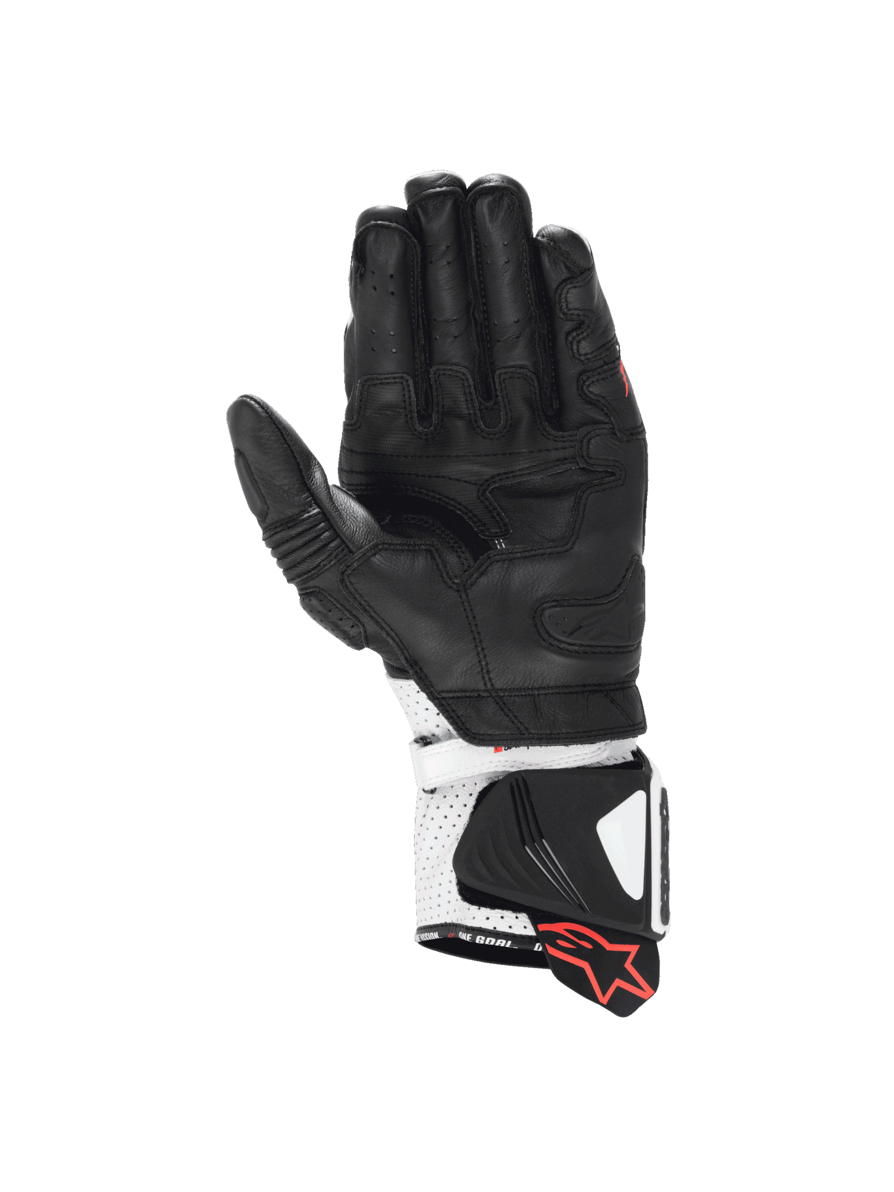 Alpinestars GP Pro R4, luvas de moto para corrida, pretas e brancas, palma em pele de canguru e punho com proteção DFS, construção em couro premium.
