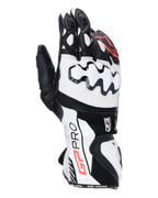 Alpinestars GP Pro R4 Gloves, Motorcycle Racing Gauntlet Gloves, Black White and Red, featuring white DFS knuckle protectors, premium leather construction, and high-performance track design.
