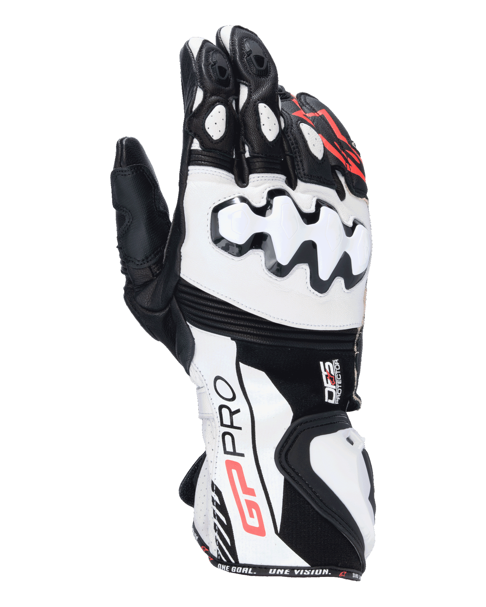 Alpinestars GP Pro R4 Gloves, Motorcycle Racing Gauntlet Gloves, Black White and Red, featuring white DFS knuckle protectors, premium leather construction, and high-performance track design.