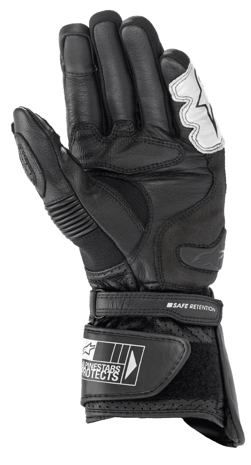 Luvas Alpinestars SP-2 V3, luvas de motociclismo de estrada, pretas e brancas, vista da palma com construção em couro de grão integral, slider de palma em TPU e punho ajustável com correia Safe Retention e logótipo Alpinestars