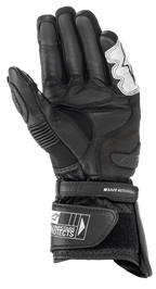 Luvas Alpinestars SP-2 V3, luvas de motociclismo de estrada, pretas e brancas, vista da palma com construção em couro de grão integral, slider de palma em TPU e punho ajustável com correia Safe Retention e logótipo Alpinestars