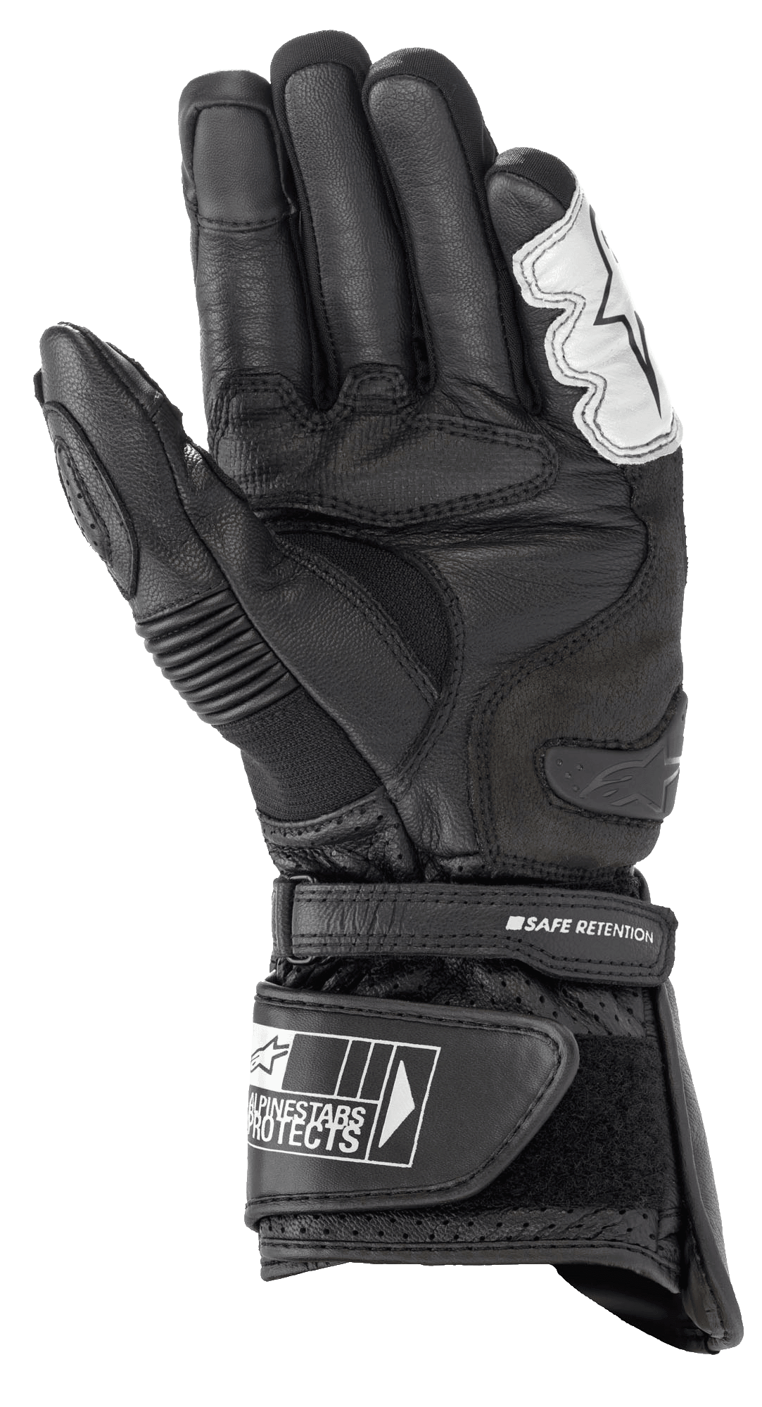 Luvas Alpinestars SP-2 V3, luvas de motociclismo de estrada, pretas e brancas, vista da palma com construção em couro de grão integral, slider de palma em TPU e punho ajustável com correia Safe Retention e logótipo Alpinestars